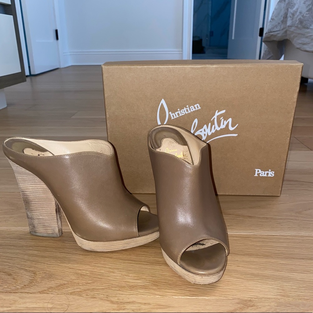 Christian Louboutin Taupe Leather Peep-Toe Mules